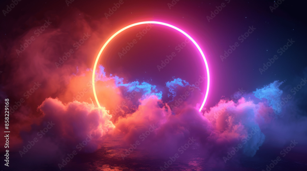 3d render colorful neon cloud circle glowing ring abstract night sky fog geometric light frame 3d render colorful neon cloud circle glowing ring abstract night sky fog geometric light frame