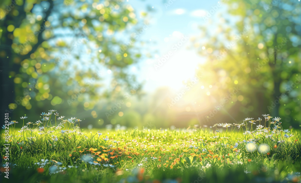 Fototapeta premium Sunny idyllic meadow with wildflowers, blooming blossoms, green trees, and blue skies