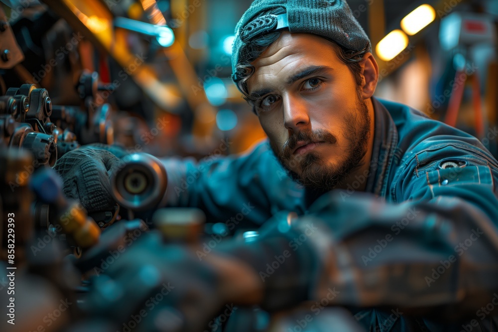 Focused Industrial Worker Working On Machinery in a Factory Focused Industrial Worker Working On Machinery in a Factory