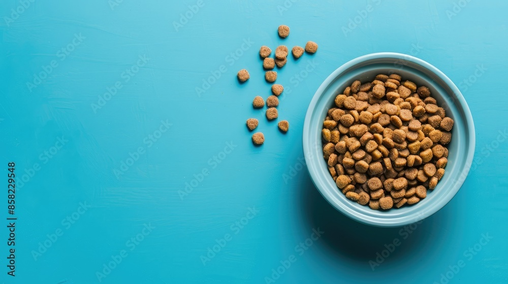 owl with dry food for cat or dog and pet accessories on a red background, pet care and training concept AI generated owl with dry food for cat or dog and pet accessories on a red background, pet care and training concept AI generated
