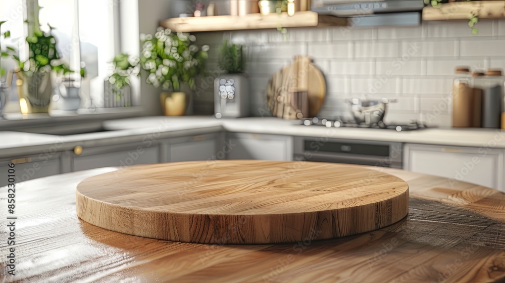 Beautiful round wood counter in luminous kitchen interior. Display and banner concept