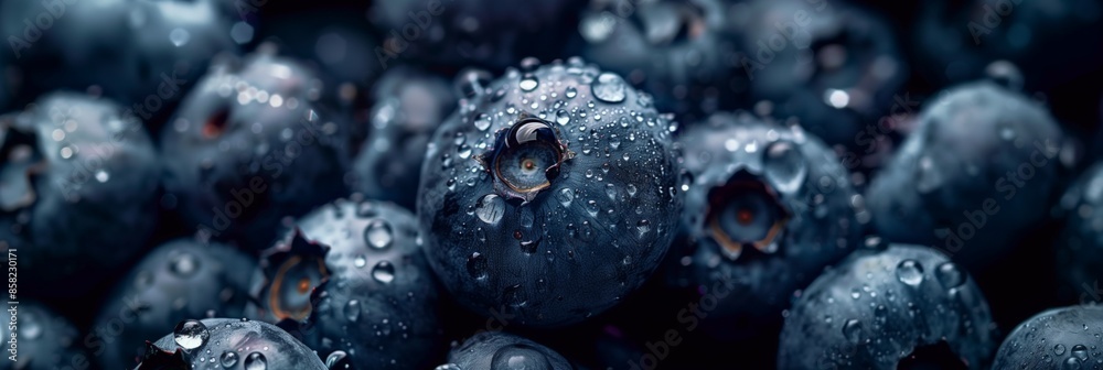 A close up of blueberries with water droplets on them A close up of blueberries with water droplets on them
