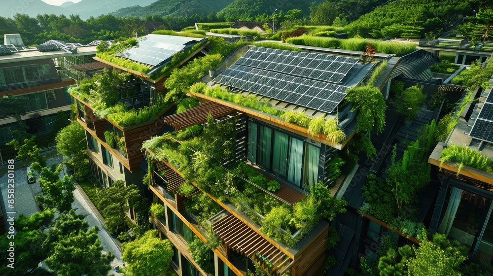 Solar paneladorned Korean roof, combining ecofriendly materials and natural ventilation design, top view, focusing on green technology, futuristic tone, Tetradic color scheme Solar paneladorned Korean roof, combining ecofriendly materials and natural ventilation design, top view, focusing on green technology, futuristic tone, Tetradic color scheme