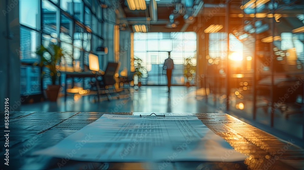 Documents lie on a table in an open office with glass walls, as the setting sun casts a golden glow throughout the room, highlighting the modern furnishings and décor. Documents lie on a table in an open office with glass walls, as the setting sun casts a golden glow throughout the room, highlighting the modern furnishings and décor.