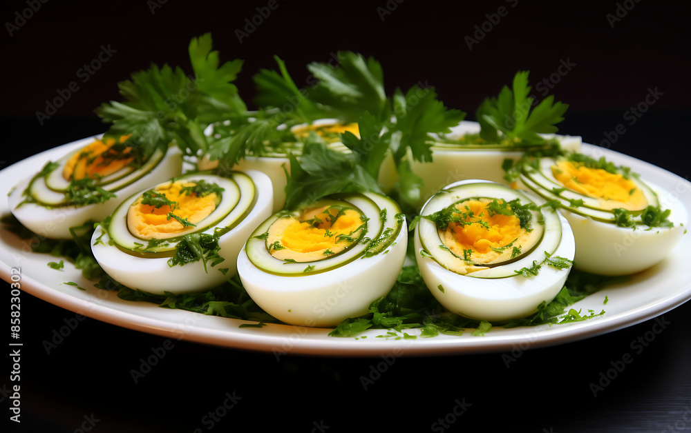 Boiled eggs with parsley on a plate on a black background Boiled eggs with parsley on a plate on a black background