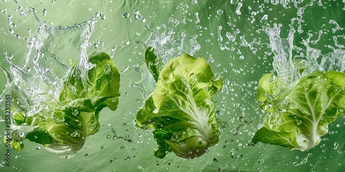 lettuce leaves in splashes of water on a green background, food levitation