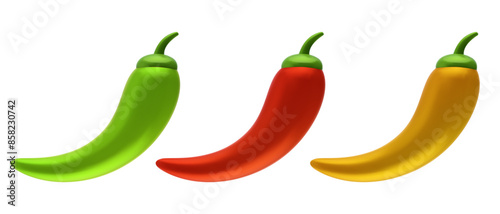 3d cartoon chilli pepper in cute realistic style. Red, green and yellow plants isolated on white background. Vector illustration.