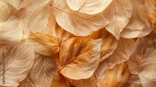 Nature abstract of flower petals, beige transparent leaves with natural texture as natural background, wide banner. Macro texture, neutral color aesthetic , Generative ai photo