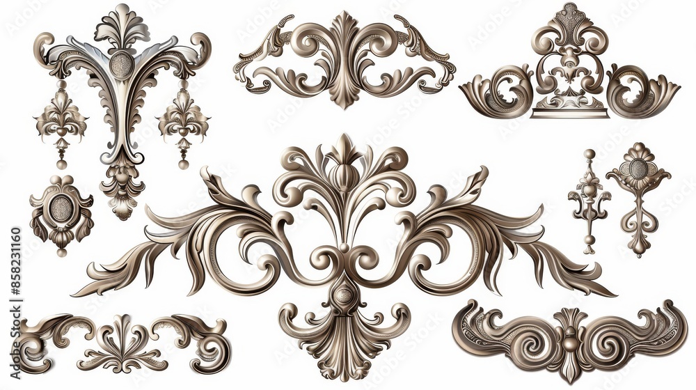 Set of luxury decorative modern elements in rococo and baroque styles, with vignettes reminiscent of 1920's luxury Set of luxury decorative modern elements in rococo and baroque styles, with vignettes reminiscent of 1920's luxury