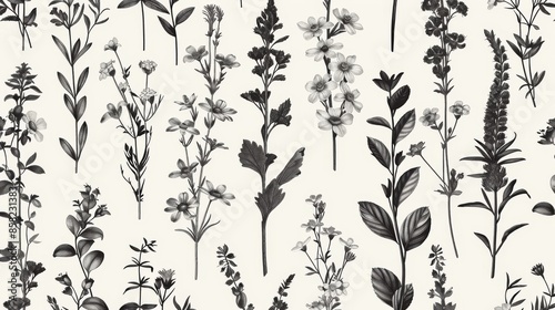 A seamless background with botanical herbs. A vintage botanical monochrome print with wild field plants and meadow plants. Repeatable herbal texture. Hand-drawn modern illustration with a retro vibe.