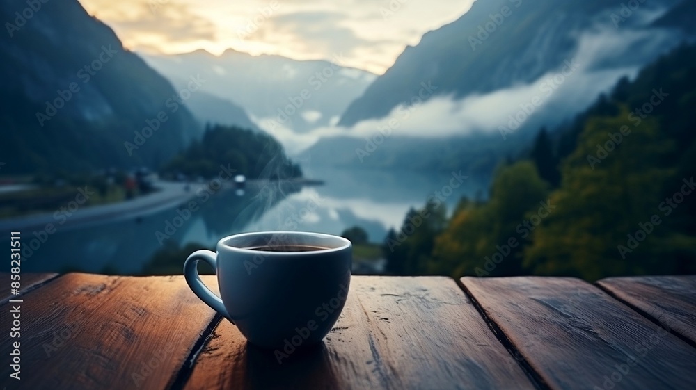 Coffee in front mountain and lake Coffee in front mountain and lake