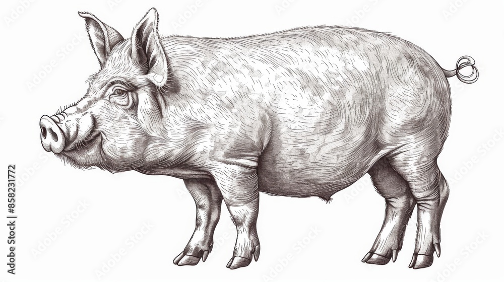 Drawing sketch of a pig in engraving style in modern format Drawing sketch of a pig in engraving style in modern format