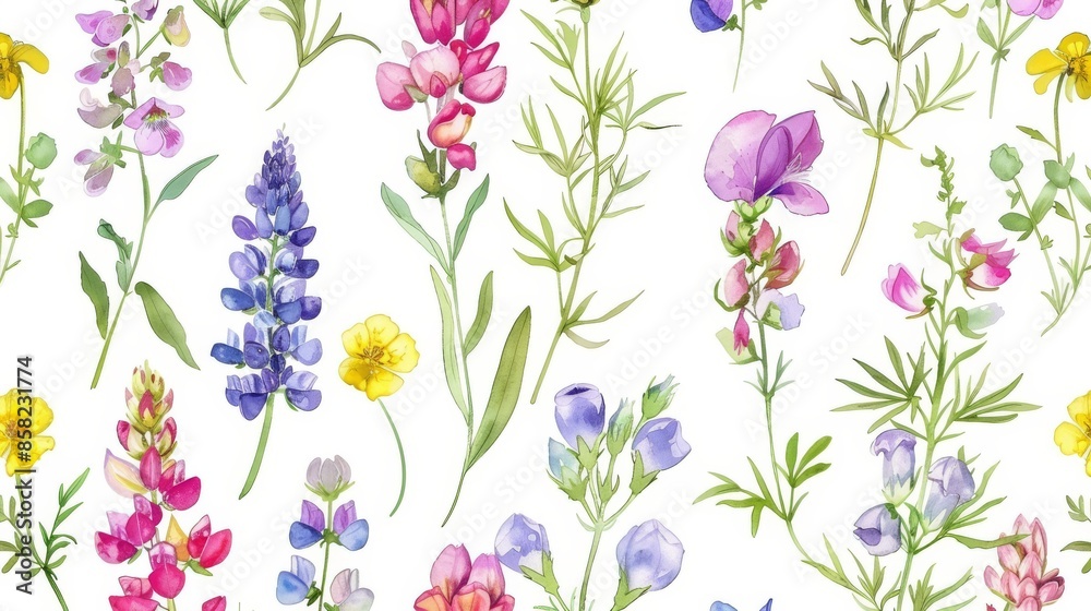 The wild flowers watercolor seamless pattern is a botanical illustration drawn by hand in watercolor The wild flowers watercolor seamless pattern is a botanical illustration drawn by hand in watercolor