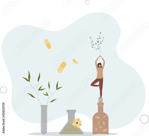Homeopathy and herbal medicine using natural herb pills.Organic medication and disease cure with alternative healing.flat llustration