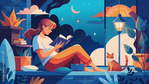 A woman sits on a window sill with a book, beside a cat. In the image, a woman is relaxing on a windowsill, engrossed in a book with a cat beside her. The scene conveys a sense of calm and coziness