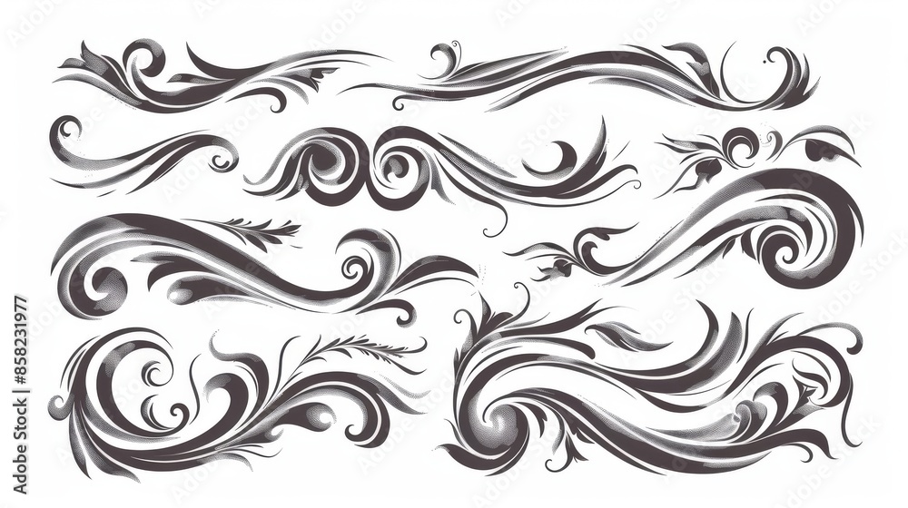 This is a set of hand lettering with a brush emphasizing lines. There are swirls, decorative divisions, underline strokes. A modern collection of design concept elements. This is a set of hand lettering with a brush emphasizing lines. There are swirls, decorative divisions, underline strokes. A modern collection of design concept elements.