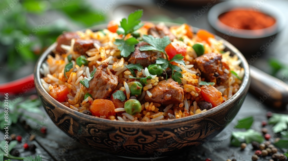 A rustic bowl filled with a delicious mix of meat, vegetables, and rice, garnished with herbs. The vibrant colors and fresh ingredients create an inviting meal. A rustic bowl filled with a delicious mix of meat, vegetables, and rice, garnished with herbs. The vibrant colors and fresh ingredients create an inviting meal.