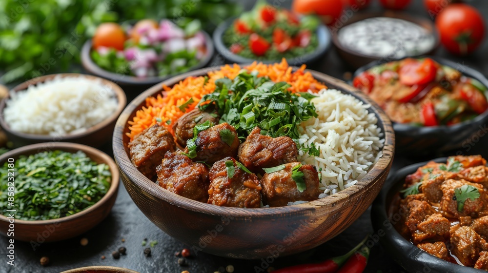 A vibrant wood bowl filled with spicy meat, rice, carrots, herbs, and surrounded by various vegetables, showcasing a colorful and appetizing meal. A vibrant wood bowl filled with spicy meat, rice, carrots, herbs, and surrounded by various vegetables, showcasing a colorful and appetizing meal.