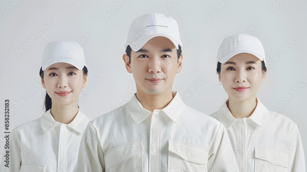 Smiling Group of Coworkers in White Uniforms Posing for Portrait Smiling Group of Coworkers in White Uniforms Posing for Portrait
