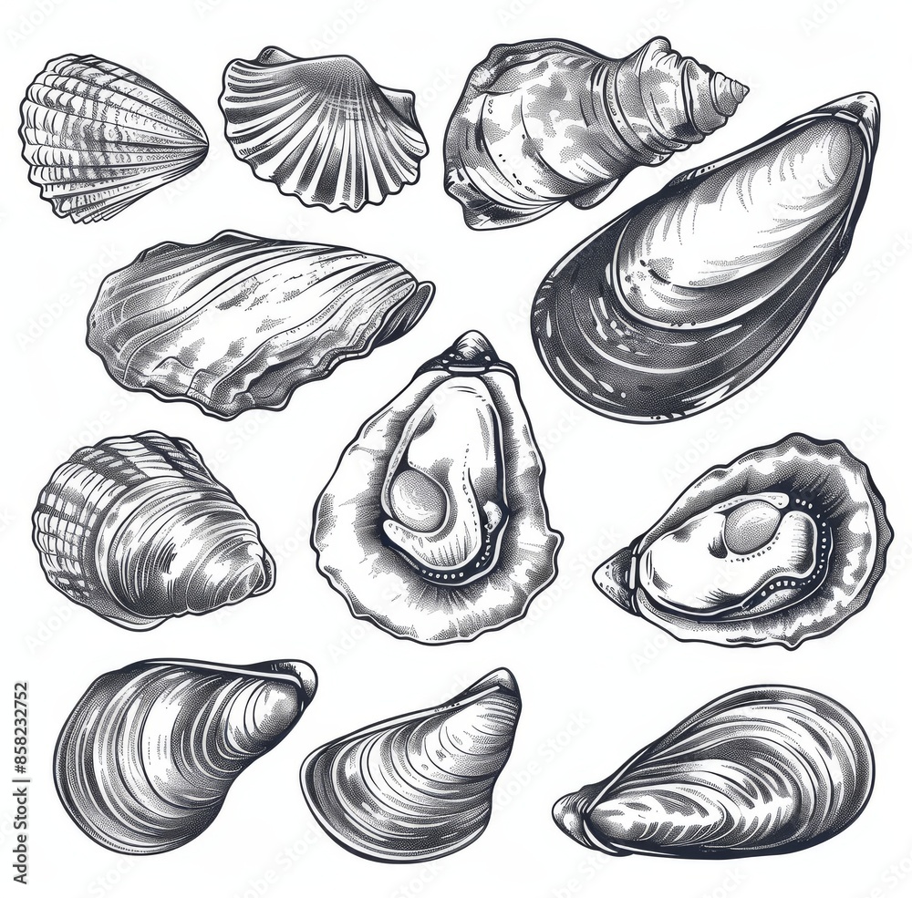 Hand drawn sketch style mussel set. Closed and opened. Sea food and sea animal modern illustration. Hand drawn sketch style mussel set. Closed and opened. Sea food and sea animal modern illustration.