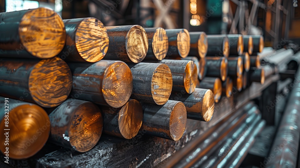 A detailed view of multiple steel rods neatly stacked on shelving in an industrial warehouse, showcasing their metallic texture and organization. Enhances industrial production. A detailed view of multiple steel rods neatly stacked on shelving in an industrial warehouse, showcasing their metallic texture and organization. Enhances industrial production.