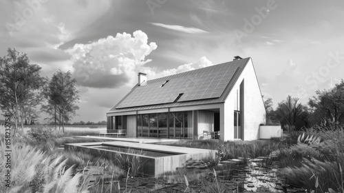 Lowenergy rural Polish setting with rainwater harvesting system and sustainable living design, side view, portraying ecofriendly living, digital tone, black and white © kitidach