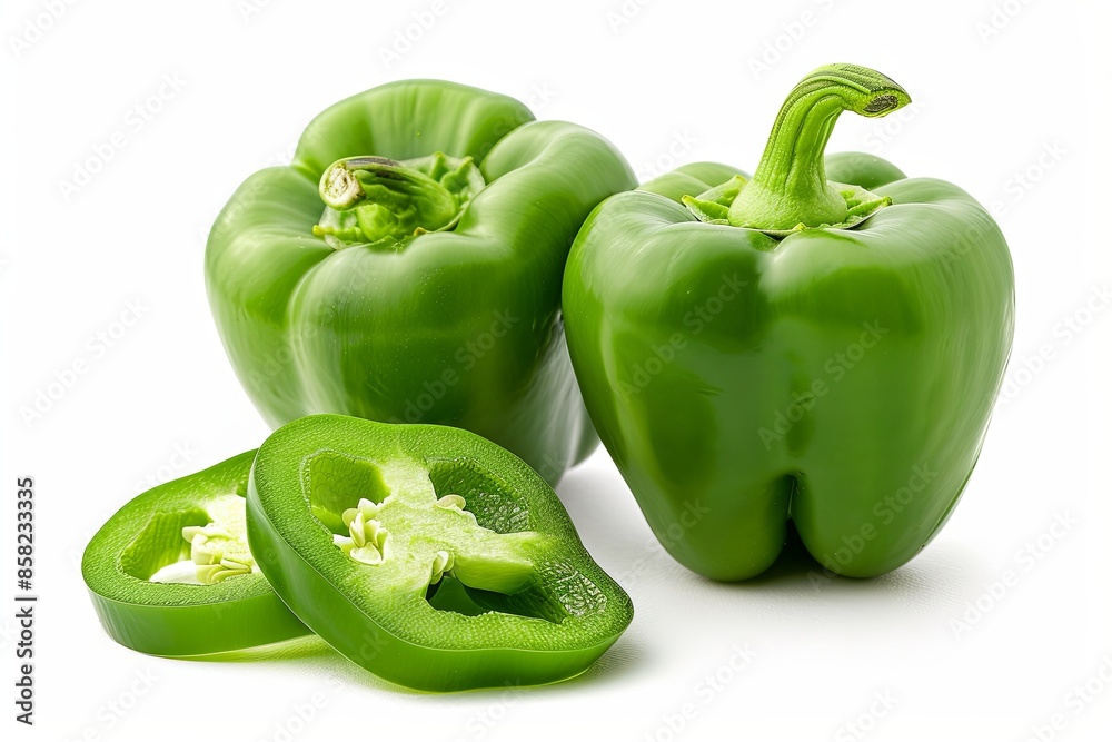 One whole green bell pepper and one sliced on white background, cutout One whole green bell pepper and one sliced on white background, cutout