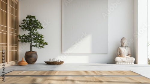 A tranquil meditation sanctuary with a white canvas backdrop, Zen-inspired furnishings promoting mindfulness and relaxation, Meditation minimalist style © Louie