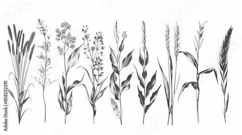 A black and white illustration of common forage plants, vol.3, including rye, sorghum, millet, oat, maize, and barley. photo