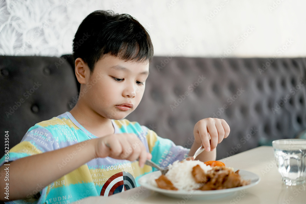 Cute little asian boy eatFried pork with garlic and Iced pink milk. Cute little asian boy eatFried pork with garlic and Iced pink milk.