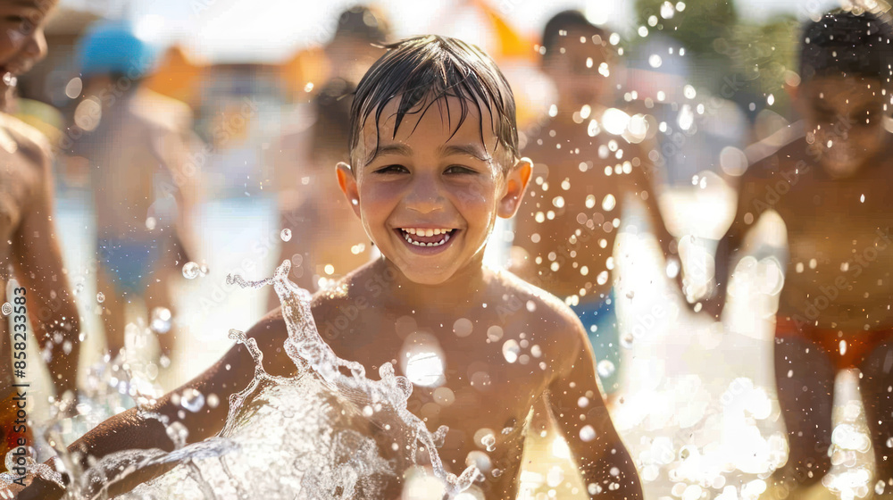 Obraz premium Children playing water volleyball in a pool