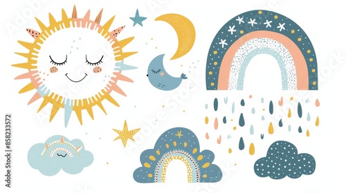 Kids Room Decorations with Hand Drawn Sun, Rainbow, and Clouds. Ideal for cards, invitations, and posters.