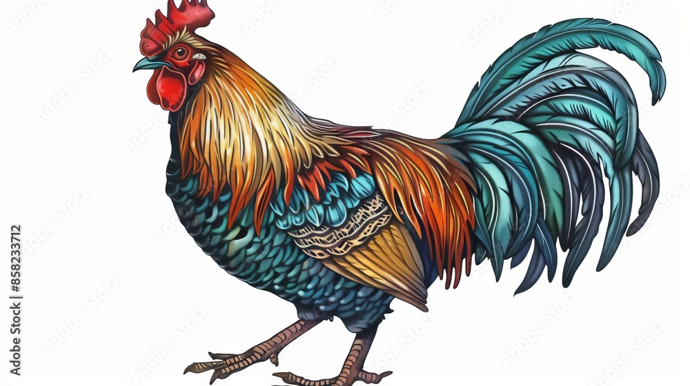 Fototapeta premium Illustration of a full color rooster with isolated engraving style.