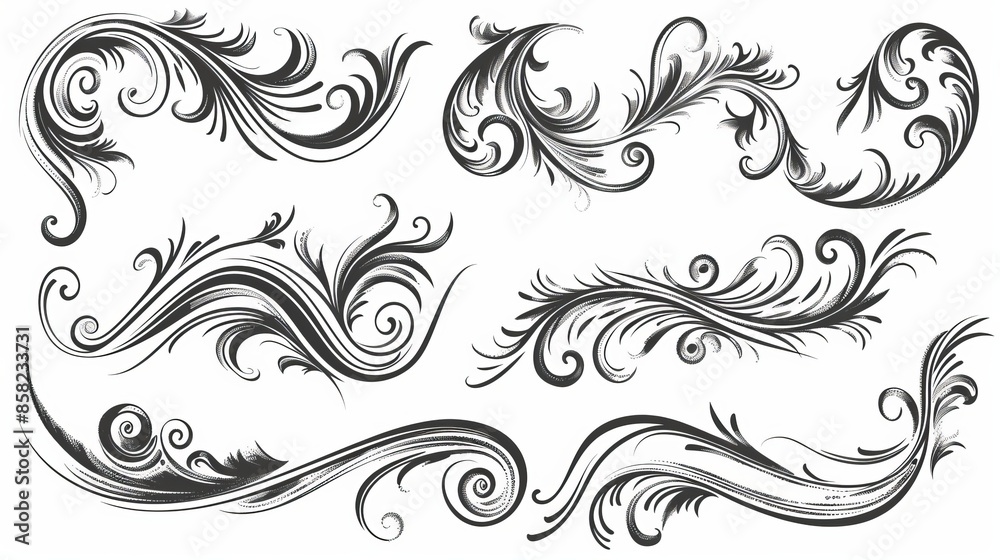 Modern set of Flourish Modern Frames with squiggles, swirls, and embellishments. Isolated black border highlights isolated against white. Modern set of Flourish Modern Frames with squiggles, swirls, and embellishments. Isolated black border highlights isolated against white.