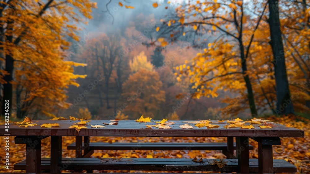 Autumnal Table with Vibrant Yellow Leaves and Forest Backdrop Autumnal Table with Vibrant Yellow Leaves and Forest Backdrop