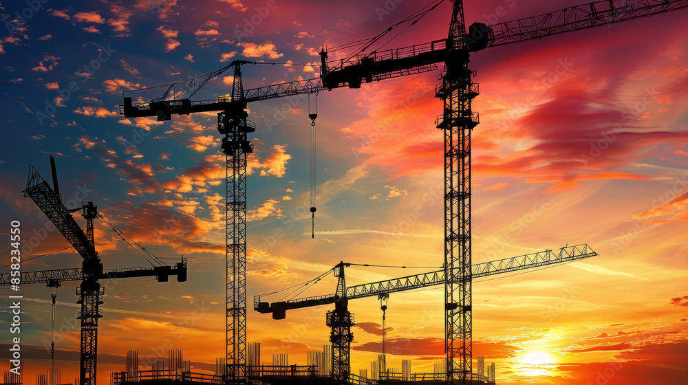 Naklejka premium Construction cranes silhouetted against a sunset sky