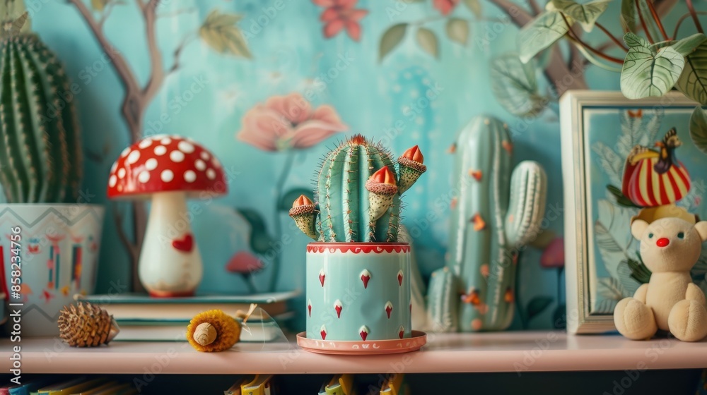 Fototapeta premium Fairy Castle Cactus in a whimsical fairythemed pot on a childs bookshelf with a playful background
