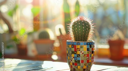 Mammillaria Cactus in a mosaictiled pot on a sunroom table with a bright and sunny background photo