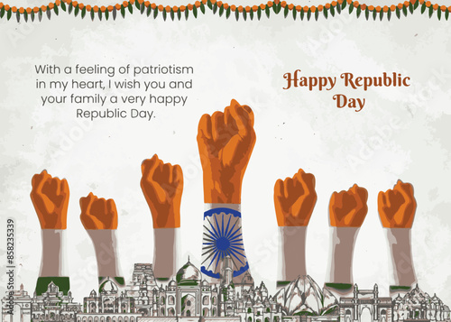happy republic day India. Ashoka chakra with hand.