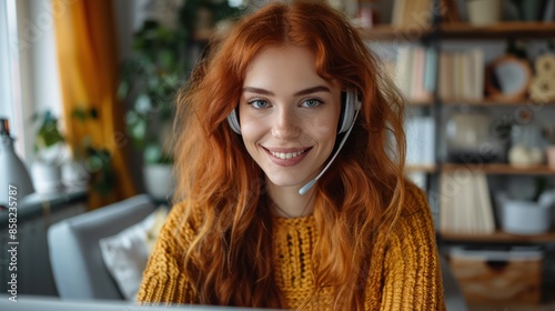 Remote Call Center Agent: Smiling Ginger Girl in Headset Typing on Laptop from Home