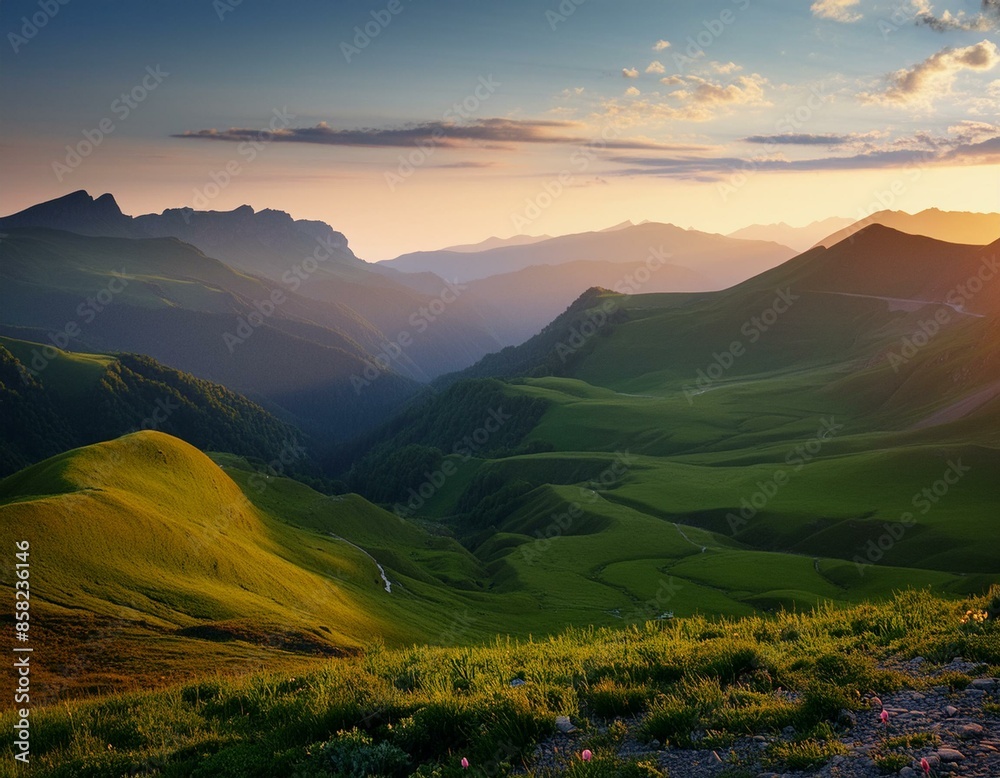 Fototapeta premium View of the green mountains and hills at sunset. 