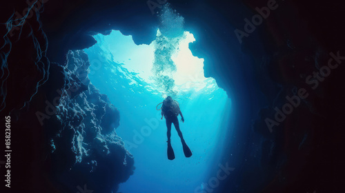 Wallpaper Mural Diver descending into a vibrant underwater cave Torontodigital.ca