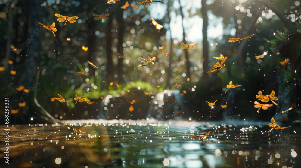 Naklejka premium Dragonflies hovering over a forest stream