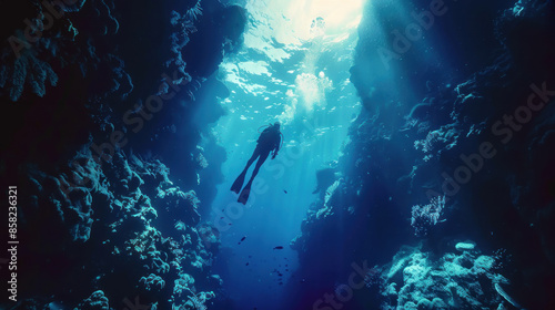 Diver descending into a vibrant underwater cave photo