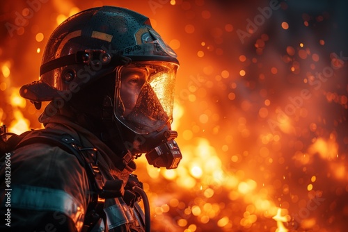 Firefighter in Full Gear Facing Blazing Inferno © fotofabrika