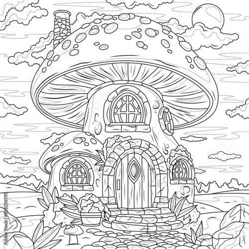 Fairy Fly Agaric House.Coloring book antistress for children and adults. 