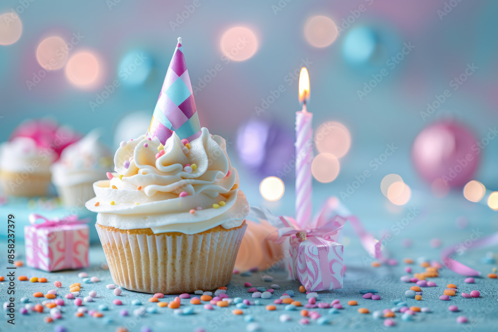 Festive Birthday Cupcake with Candle and Party Decorations in Soft Pastel Colors Festive Birthday Cupcake with Candle and Party Decorations in Soft Pastel Colors