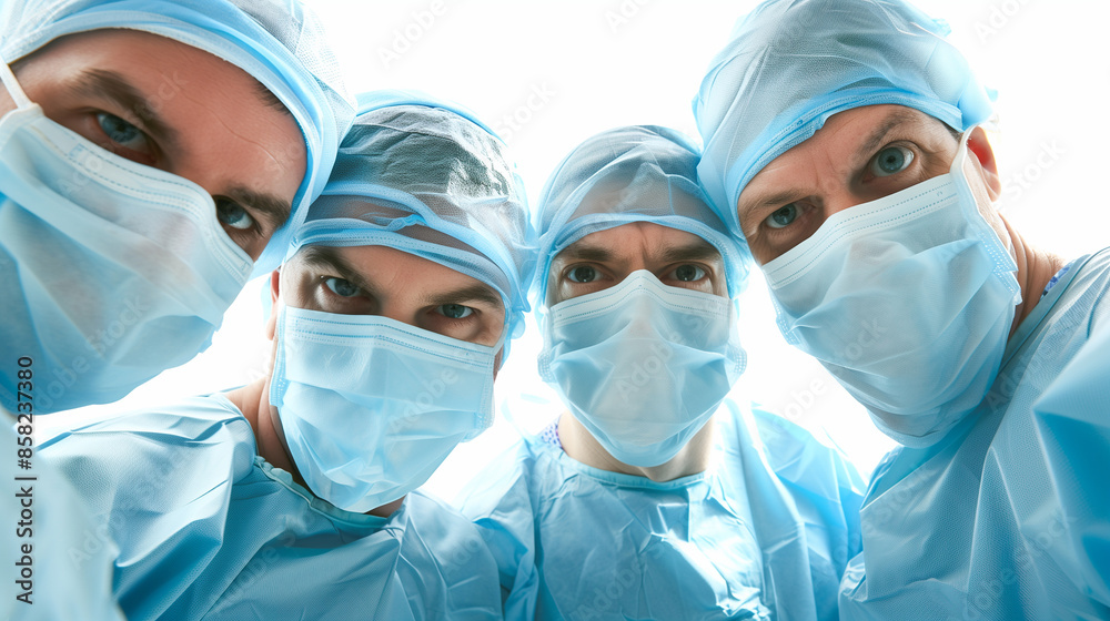 Team of confident surgeons wearing masks and surgical gowns, ready for operation in modern hospital setting. Team of confident surgeons wearing masks and surgical gowns, ready for operation in modern hospital setting.
