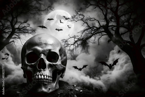 Halloween background. Graveyard In Spooky Night with skull, big moon, fog, bats, scary dead tree. Black and white