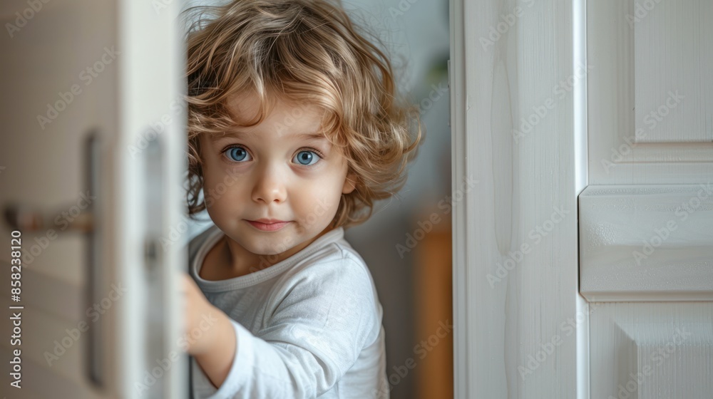 Curious Little Boy Peeking from Behind Door with Copy Space Curious Little Boy Peeking from Behind Door with Copy Space
